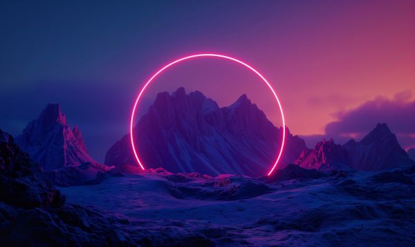 Abstract Wallpaper Mountains with a Neon Glowing Circle Free Image