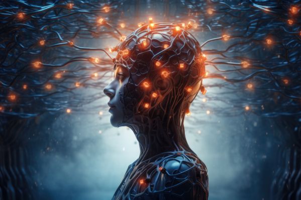 Artificial Intelligence Brain Connected with Thoughts and Data Free Image