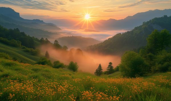 Beautiful Green Hills with Flowers and Sunset Free Image