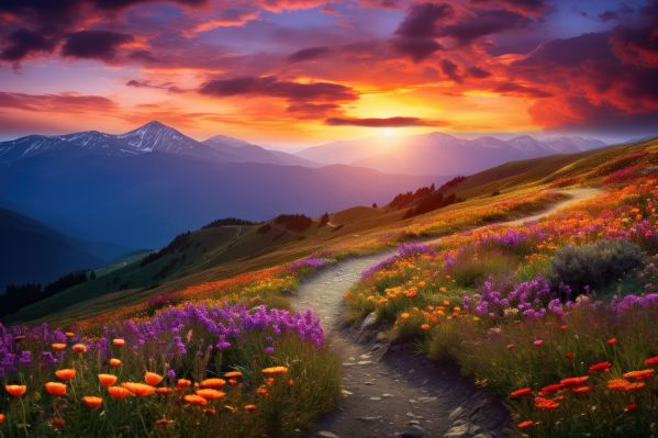 Beautiful Natural Colorful Mountain Scenery Full of Flowers Free Image