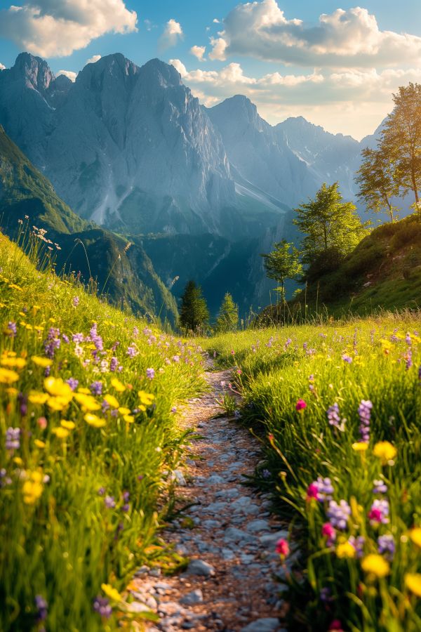 Beautiful Nature Mountain Scenery Path with Flowers Free Image