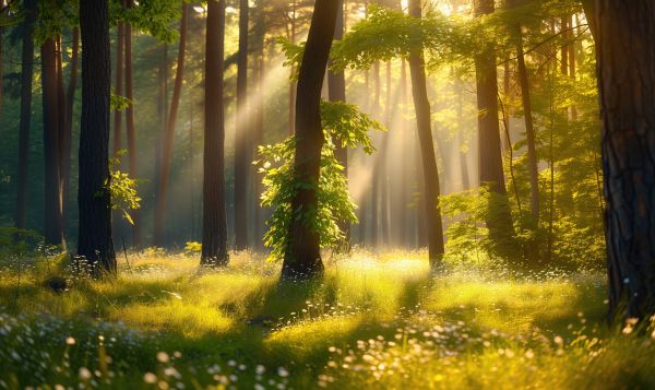 Beautiful Spring Forest with Sun Rays and First Flowers Free Image