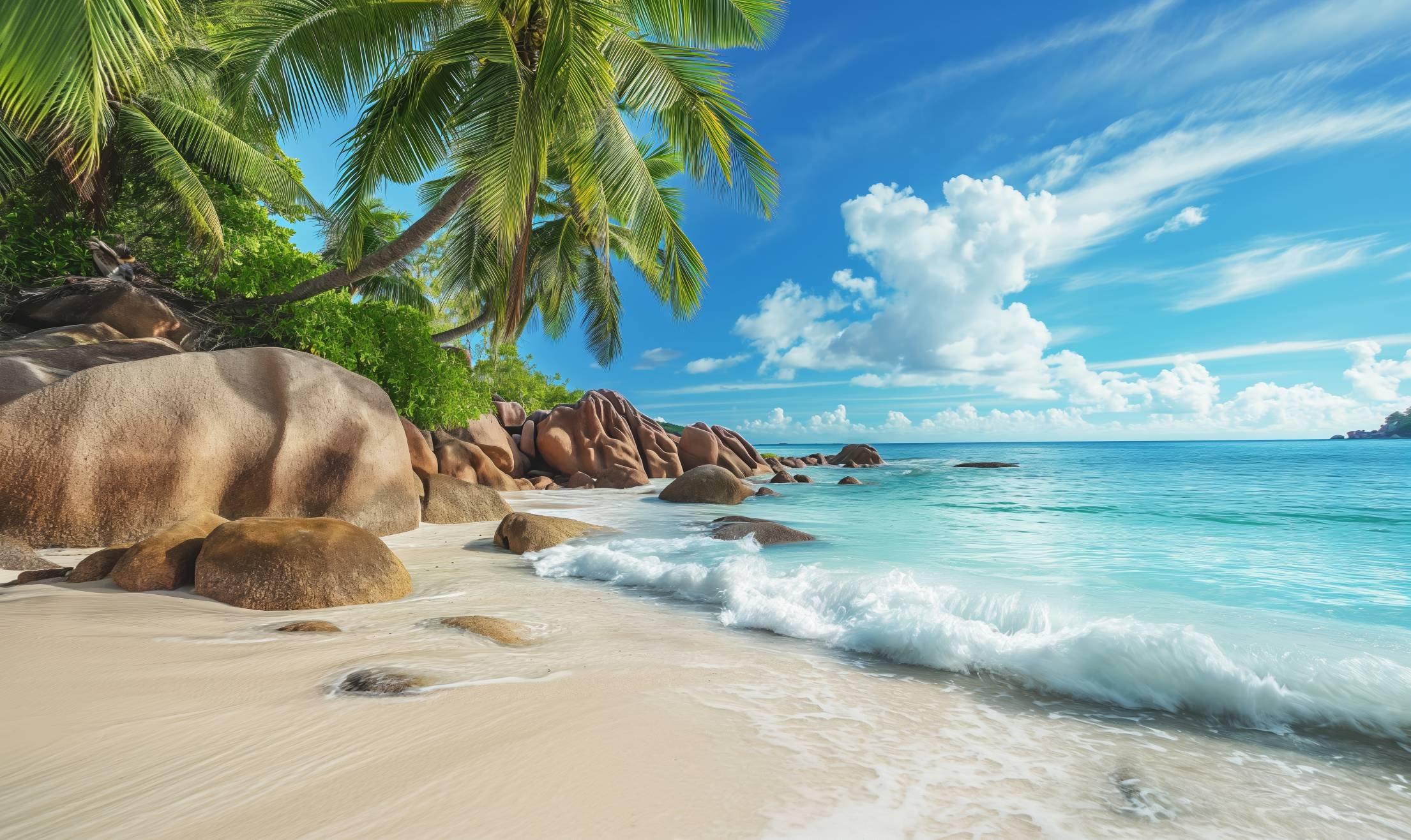 Beautiful Summer Seychelles Beach with Palms and Rocks Free Image