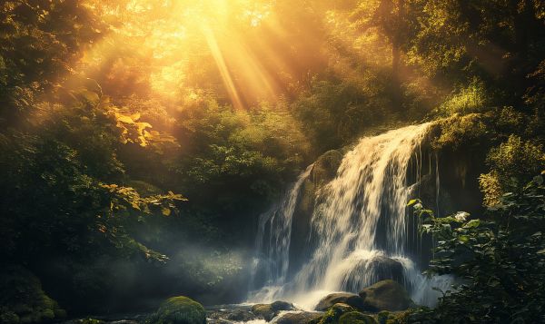 Beautiful Waterfall in Sunny Jungle Forest Free Image