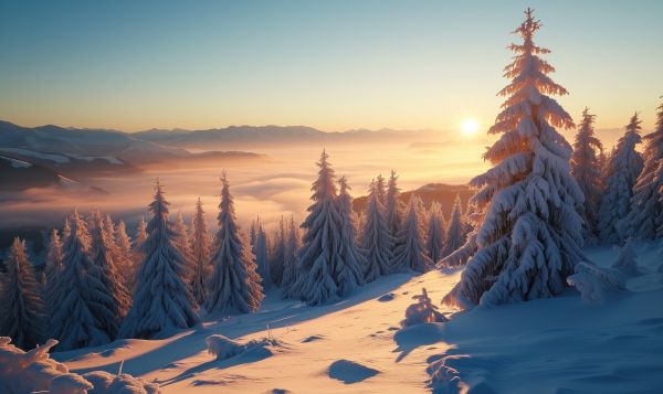 Beautiful Winter Mountain Scenery Sunset with Snow Covered Trees and Inversion Free Image