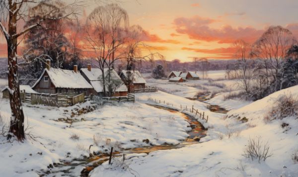 Beautiful Winter Village Under Heavy Snow with Amazing After Sunset Sky Free Image