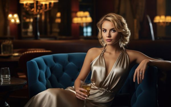 Beautiful Woman in Expensive Dress Sitting in Upscale Hotel Lobby Bar Free Image