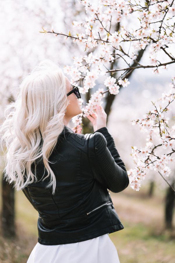 Beautiful Woman Looking at Blossoms of an Almond Tree Free Photo