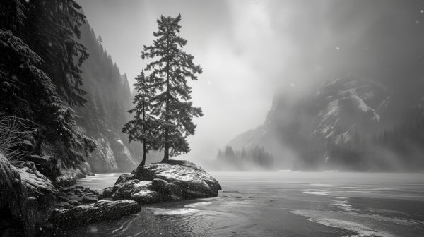 Black and White Nature Photo of Fog over a Lake in Winter Free Image