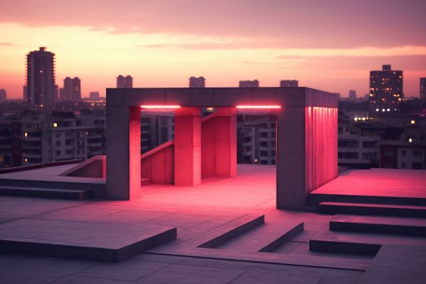 Building Rooftop Concrete Construction with Evening Neon Lights Free Image