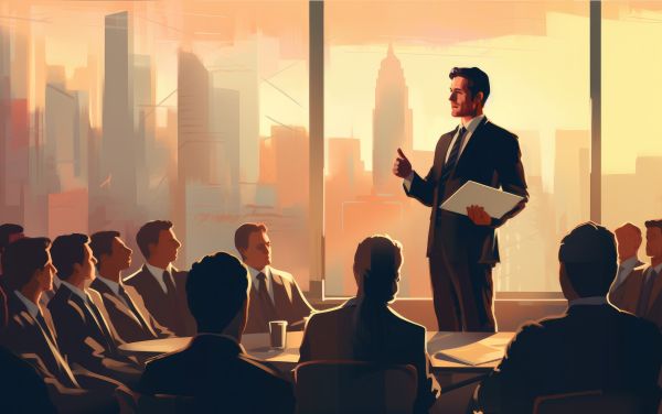 Business Man Speaking in front of Colleagues at Team Meeting Free Image