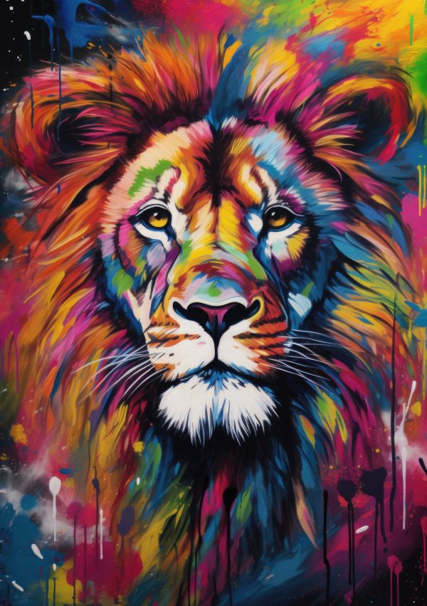 Calm Lion Face Portrait in Colorful Painting Free Image