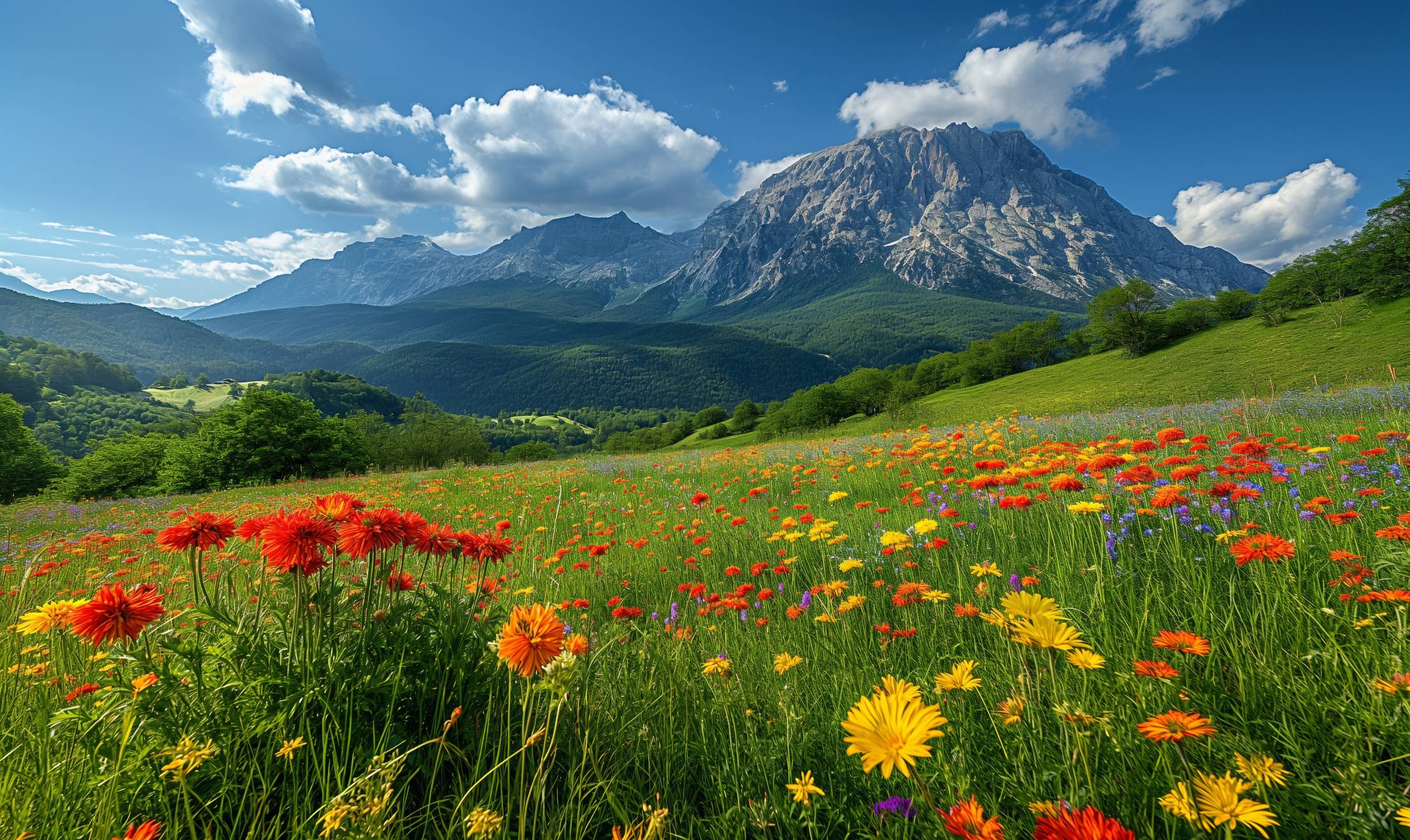 Colorful Meadow Flowers Under the Mountains Free Image