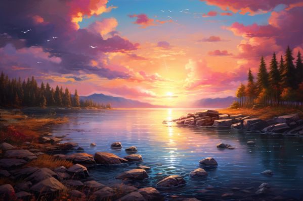 Colorful Sunset Lake Scenery Painting Free Image