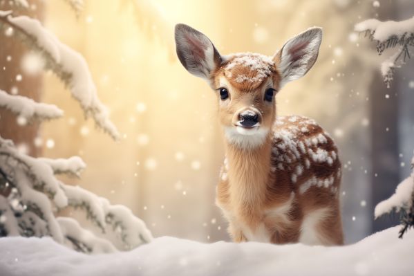 Cute Fawn Portrait in Snowy Forest Free Image