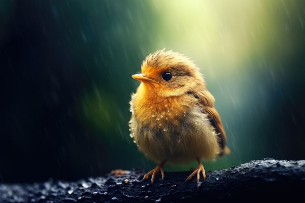 Cute Yellow Bird Close Up in Rainy Weather Free Image