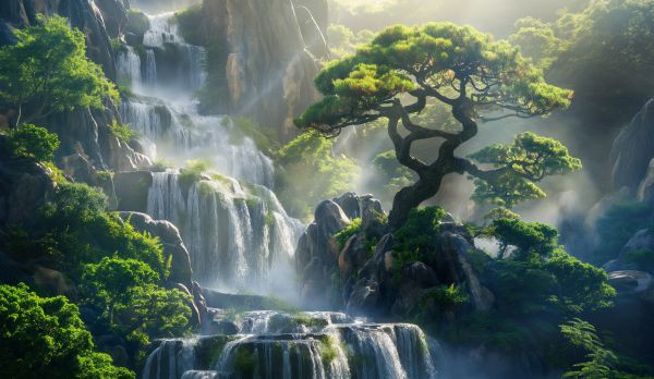 Fantasy Waterfalls in Japanese Nature Free Image