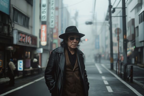 Fashion Street Photo of a Walking Japanese Man in High-Fashion Leather Jacket Free Image