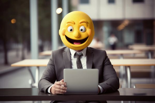 Funny Photo of a Business Man Working on His Laptop with Emoji as His Head Free Image