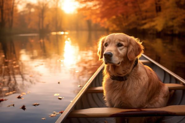 Golden Retriever Dog in Roving Boat During Autumn Free Image