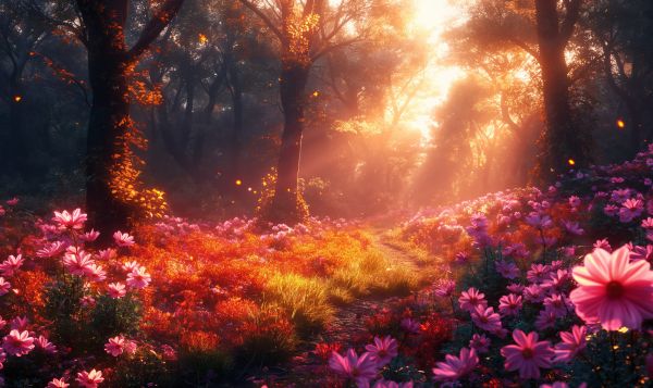 Gorgeous Fantasy Forest Full of Colorful Flowers Free Image