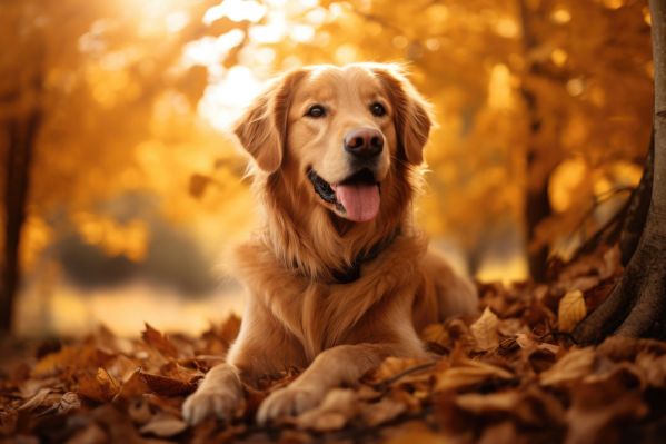 Happy Golden Retriever in Autumn Leaves Free Image