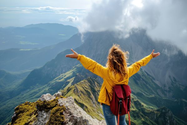 Happy Woman Hiker on Top of Mountain Motivation Free Image