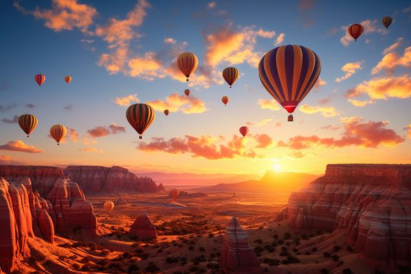 Hot Air Balloons Flying Over Canyon During the Golden Hour Free Image