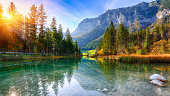 Fantastic autumn sunset of Hintersee lake