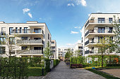 Cityscape of a residential area with modern apartment buildings, new green urban landscape in the city