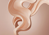 3D beige display with liquid foundation splash swirl on studio background. Nude makeup cream fluid flow podium showcase for beauty product, cosmetics promotion. Minimal Abstract 3D render mockup