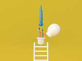 White ladder going to the creativity and new ideas. Rocket with light bulb 3d concept