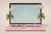 Laptop Swimming Pool, Summer Holiday and Travel concept