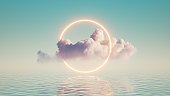 3d render, abstract geometric background, white cloud and glowing neon round frame. Illuminated cumulus. Minimal futuristic seascape with reflection in the water