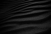 Black Sand dune. Black Sand beach macro photography. Background, texture, wave pattern of oceanic sand on the beach, black. Texture of beach sand. Black beach.