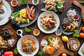 Table top view of spicy food.