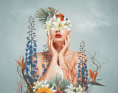 Abstract art collage of young woman with flowers