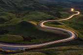 Light Trails On British Countryside Road, Peak District, UK.