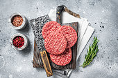 Raw beef meat  burger patties on butcher wooden board with meat cleaver. Gray background. Top view