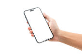 Hand showing smartphone with blank screen isolated on white background.