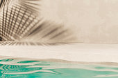 Tropical summer background with concrete wall, pool water and palm leaf shadow.