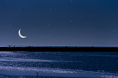 Crescent moon rising over the Tokyo bay area