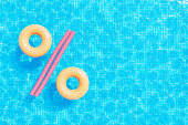 3D render illustration of inflatable laps and pool noodles forming discount icon