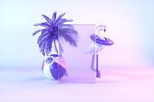 Empty glass frame and inflatable flamingo on neon lighting background minimal summer travel holiday concept