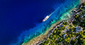 Simena - submerged ancient Lycian city Kekova island Ruins of ancient architecture, aerial view of sunken historical sunken city, place to explore submarine, clean submarine, discovery point for divers, a boat for a cruise in the sunken city