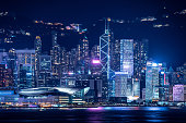 Skyline of Victoria Harbor in Hong Kong city at dusk