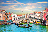 Sunset in the Grand Canal near the Rialto bridge, Venice, Italy