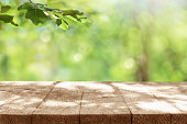 Spring or summer green blurred abstract background with empty wooden table.