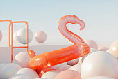 Abstract summer scene with white and orange glossy balloons in the pool. 3d rendering.