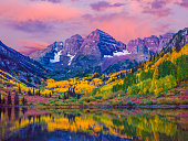 Maroon Bells autumn aspen trees,lake reflections,Aspen Colorado